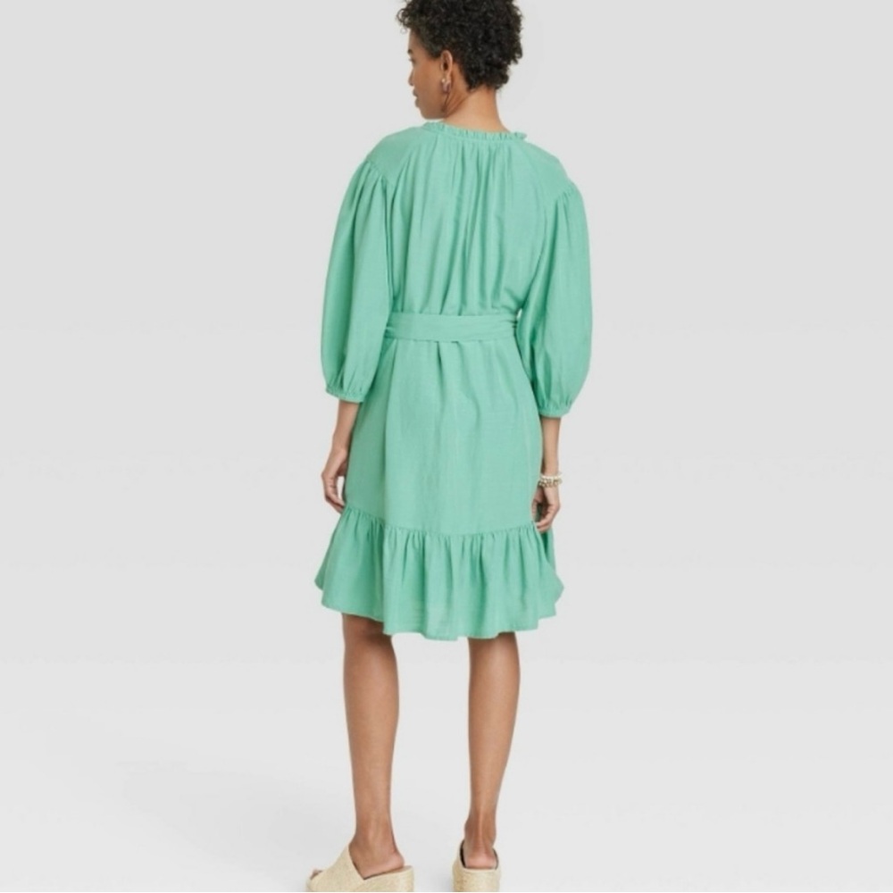 Knox Rose Women’s Teal 3/4 Puffy Sleeve Vneck ruffle dress with tie belt XS - Picture 3 of 11